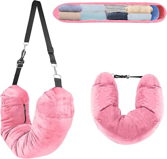 Soft Stuffable Neck Pillow for Travel Multifunctional U-Shaped Cushion Fillable with Clothes for Extra Luggage Space, Adjustable Strap for Airplane, Camping, Train, Hiking (Rose Red)