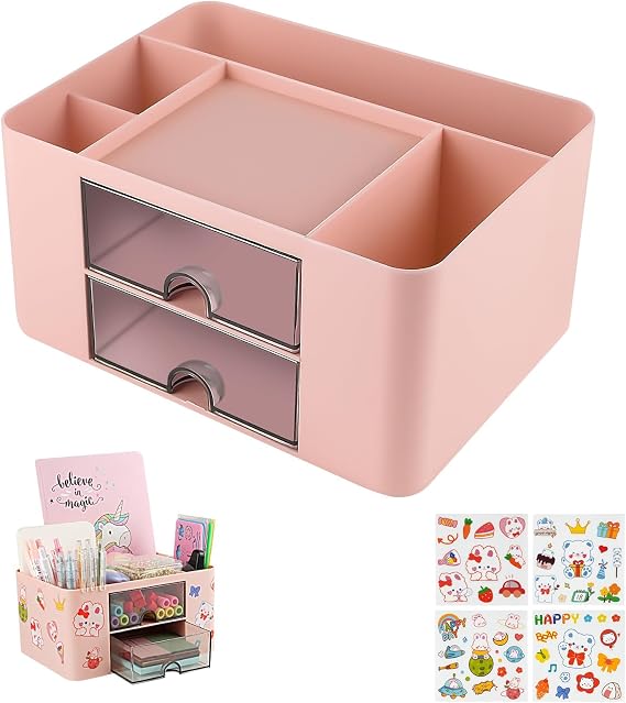 OFFCUP Desk Organiser with Drawer, Plastic Table Organiser, Office Desk Supplies Organizer Desktop Stationary Storage Pen Holder with 7 Grids for School Office Home (Pink)