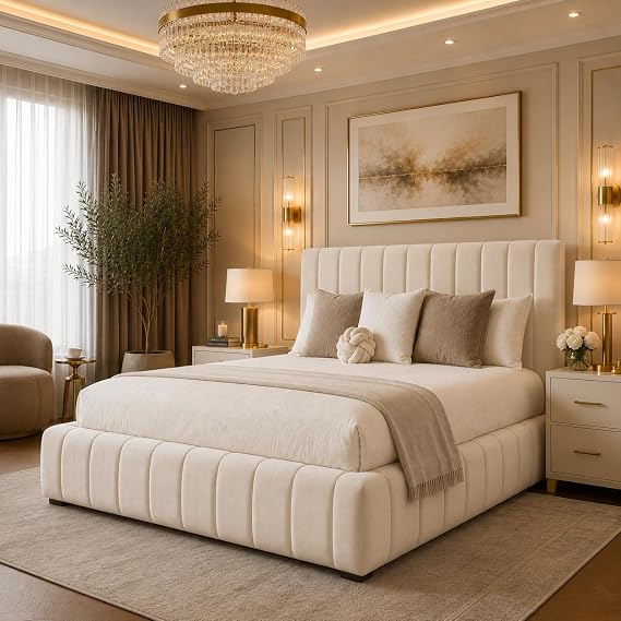 AL SULTAN King Size Bed with 48” Headboard, Luxury Plush Velvet Upholstered Cloud Bed, 5FT King Bed Frame with Slatted Base - Cream