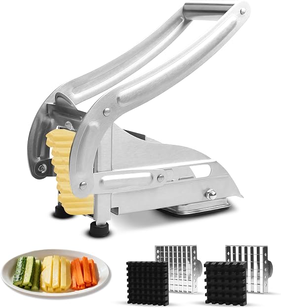 Chip Cutter,Potato Cutter,French Fry Cutter with 2 Size Blades(1/2 and 1/3 Inch),Professional Stainless Steel Potato Chipper Slicer with Non-Slip Suction Base for Homemade Chips and Fries