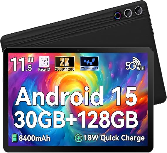 11.5 inch Tablet, Tablet Android 15, 2K Display Octa-Core 30GB RAM+128GB ROM (1TB TF) 8400mAh 5G WiFi 8MP+13MP Camera Widevine L1 BT5.0 Face ID Quick Charge Tablets Pad PC