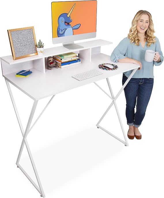 Stand Steady Joy Desk | Modern Standing Workstation with Storage Cubbies | Pretty Standing Desk w/Spacious Desktop | Multifunctional Table - Great for Home, Office & More (White Wood Grain / 48 x 42)