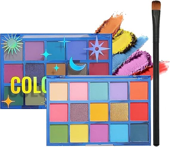 15 Colourful Eyeshadow Palette, Rainbow Colour Makeup Pallet with Brush, Matte & Glitter Shades, Highly Pigmented Long-Lasting Eye Shadow, Bright Powder Eye Pallets Makeup, Neon Eyeshadow Make Up