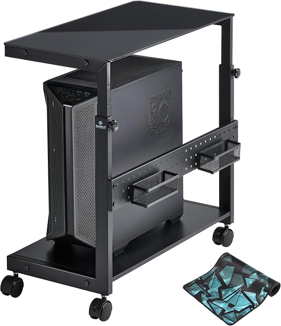 EUREKA ERGONOMIC PC Stand Computer Cart Frosted Glass, Height Adjustable Tower Stand 2-Tier for ATX Case Printer, Metal Rolling Cart on Wheels for Gaming Home Office, Black