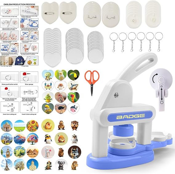 Button Machine, 3-in-1 Button Maker Machine (35mm/55mm/Love Badge), DIY Pin Maker with Button Parts, for Badges, Keychains, Fridge Magnets, Blue