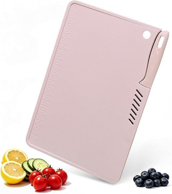 Plastic Cutting Board, Flexible Thick Small Chopping Board Cutting Mat Worktop Saver Protector with Cutter for Cutting and Slicing Vegetables, Fruit, Meat and Cheese(Pink)