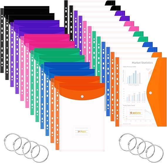 A4 Plastic Pockets Punched Pockets - 24 Pack Expandable Envelope Document