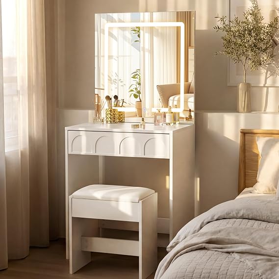 LEMROE Dressing Table with Rectangular LED Mirror and Stool, Small Vanity [Energy Class D]