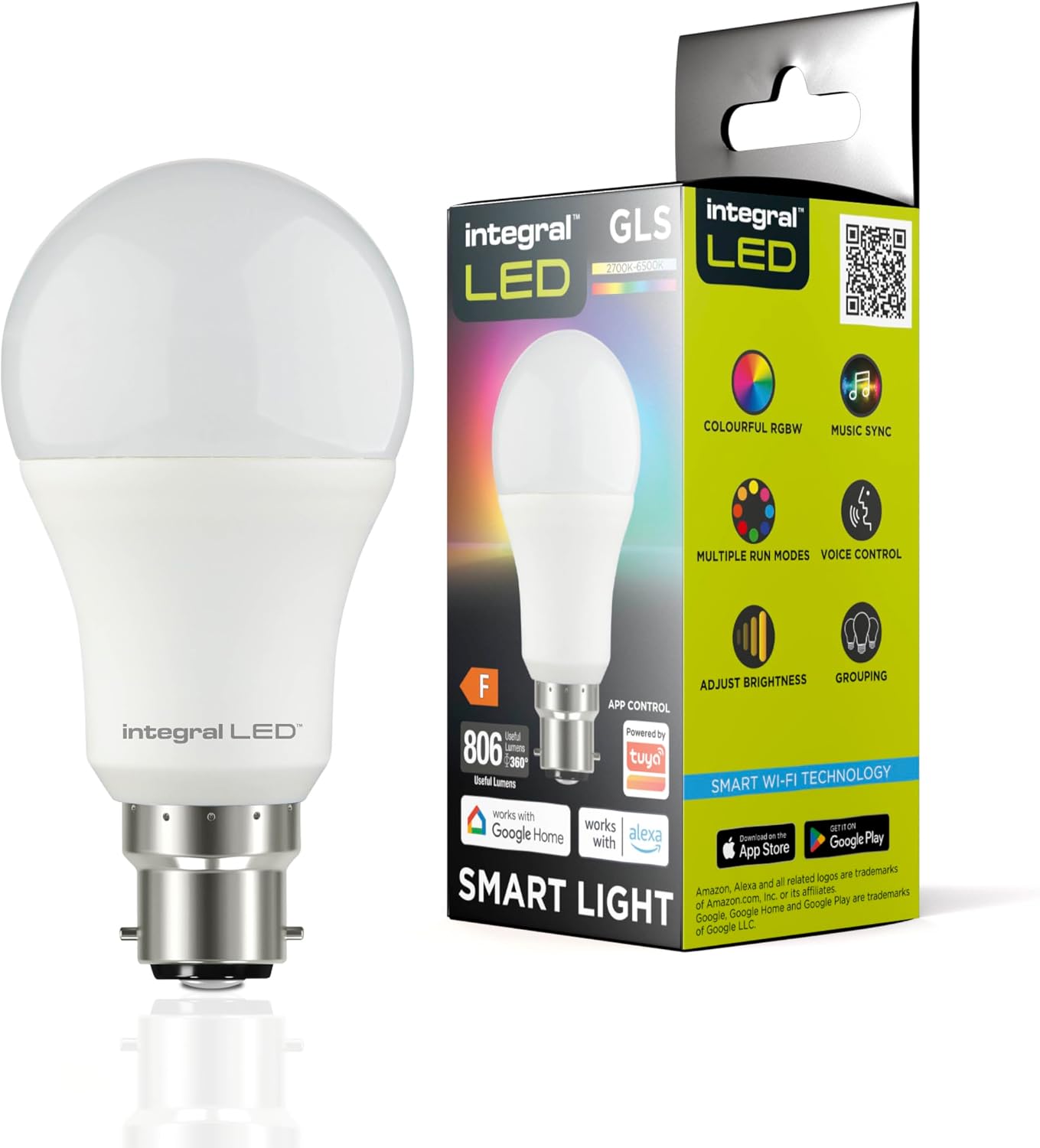 Integral GLS B22 Smart LED 2 Pack Dimmbar Farbwechsel 2.4GHz WLAN Lampe - Warm Cool & Daylight White 2700K-6500K 806lm 85W (60W-Äquivalent) - App-gesteuert - Alexa & Google Home kompatibel