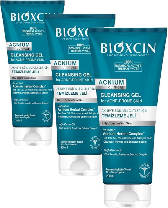 Bioxcin Acnium Sebum Dengeleyici Yüz Yıkama Jeli – Niasinamidli, Termal Sulu, Bitkisel Kompleksli, Akneye Eğilimli ve Yağlı Ciltler İçin, 200 ml (3 paketi)