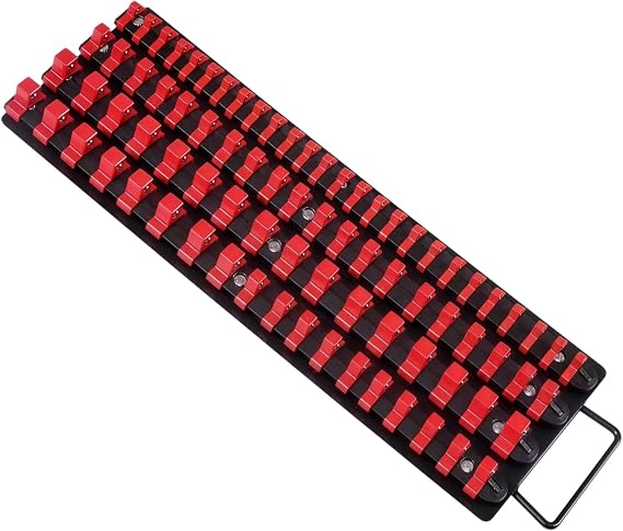 80 Socket Organiser Rack with Holder for 1/4, 3/8, 1/2 inch Tool Trays, Sturdy Socket Managers with Handle, Black Rails with Red Socket Holders for Professional and DIY Use