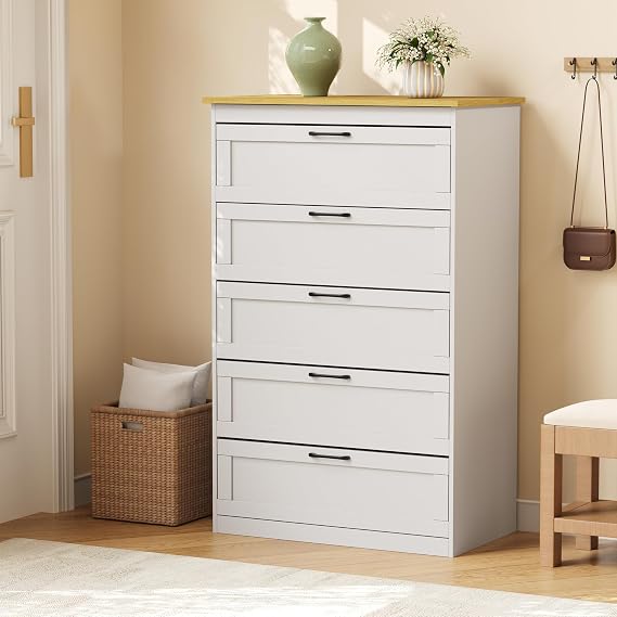 GRAVFORCE Bedroom Tall Chest of Drawers White Storage Organiser Unit with 5 Drawers Modern Style Dressers for Living Room Bedroom