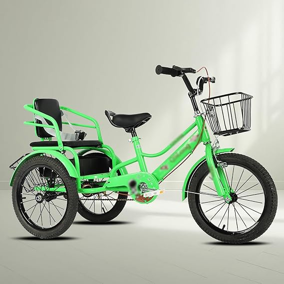 Adult Tricycle 3 Wheel Cruise Trike Kids Tandem Tricycle for Cycling Outing Picnic Foldable 2 Seater Cruiser Bike with Seat Belt Belt Front Rear Basket Kids Tricycle with Adjustable Handle Green,20in