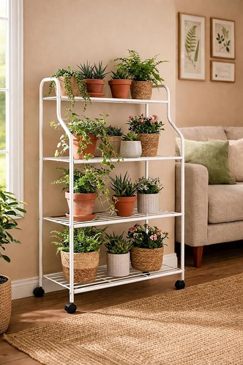 Beyaz Tekerlekli 4 Katlı Metal Çiçeklik Standı: Çok Amaçlı Mutfak,Kitaplık&Dekoratif Lüks Stand (beyaz)