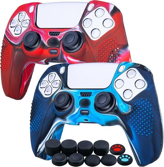 YoRHa スタッズシリコンカバースキンケース Sony PS5 DualSenseコントローラー用 x 2 迷彩レッド+ブルー プロサムグリップ付き x 10