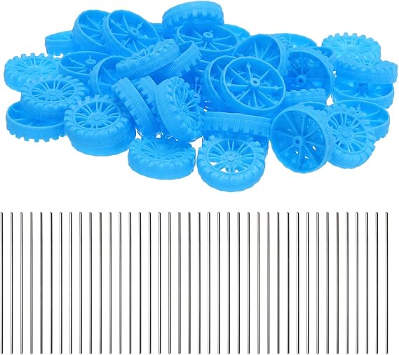 MECCANIXITY おもちゃの車のホイール100個、30mmx8mmプラスチックロールと2mmx50mmシャフトラウンドロッドアクスル、DIYRCカー、トラック、ボート、ヘリコプターモデルパーツ、ブルー
