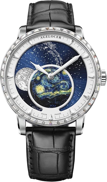 Agelocer Men's Genuine Diamond Top Brand Blue Automatic Moon Phase Mechanical Watch, RI:6401E1, Mechanical