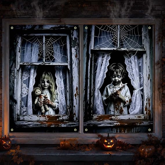 2Pcs Halloween Window Decorations 120x80cm Scary Curtain for Indoor Outdoor