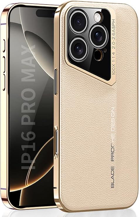 iPhone 16 Pro用レザーケース、超薄型スポーツカーデザイン、ハードPC保護スリム耐衝撃カバー付きPUレザー、iPhone 16 Pro用高級電気メッキフレーム付きゴールド
