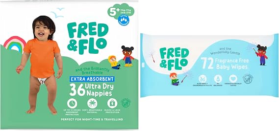 Fred & Flo Size 5+ Nappies 36 Pack + 60 Fragrance Free Baby Wipes