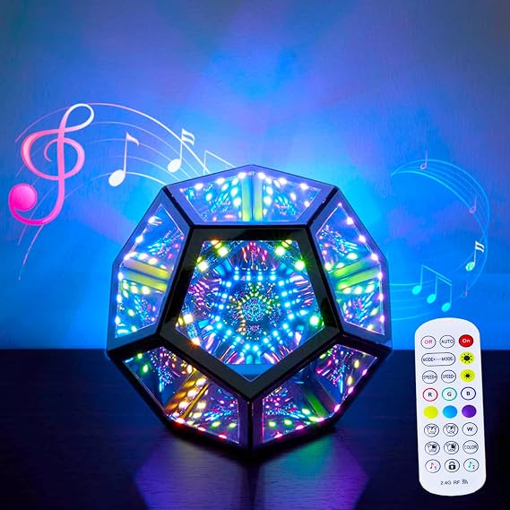 Remote Control Infinity Dodecahedron Light with Voice Control 3D Mirrror Tunnel Light Color Art Game Light Multicolor Decorative Lamp Cube RGBW Color Changing Night Lighting (USB Powered) [Energy Class A]