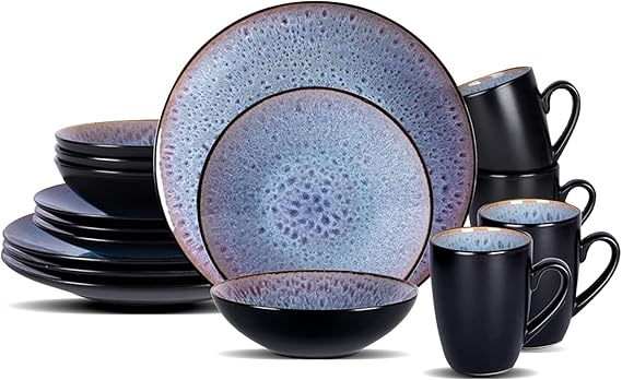 HomeVSS 16-Piece Porcelain Dinnerware Set with Reactive Glaze - Plates & Bowls Sets, 4 Deep Plates, Bowls, Mugs, Microwave & Dishwasher Safe, Stackable Art Tableware for Family- Grey