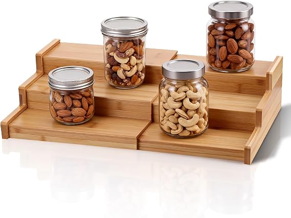 Bamboo 3 Tier Extendable Spice Rack Organiser | Kitchen Storage Shelf for Spices, Herbs, Seasoning, Small Jars | for Kitchen Countertop, Cabinet, Cupboard, Pantry