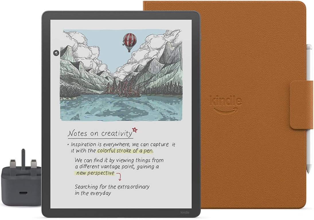 New Amazon Kindle Scribe Colorsoft 64 GB (Graphite) + Premium Pen + Executive Folio Premium Leather Cover (Caramel) + USB-C Charger