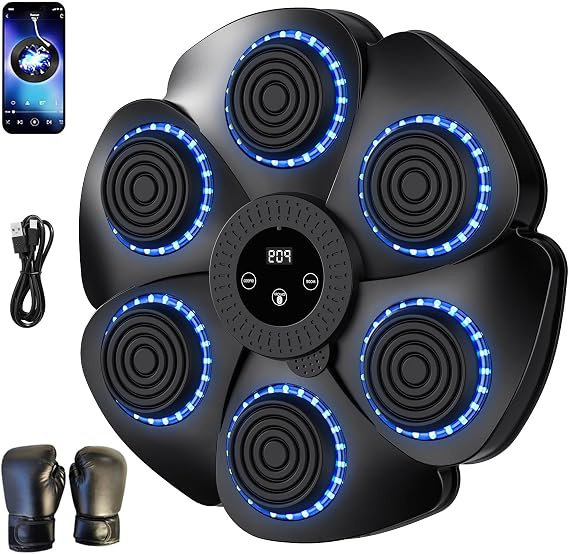 Music Boxing Machine, Smart Musical Boxing Machine with Boxing Gloves, LED Color Light, Bluetooth, 9 Speeds, Automatic Counting, Wall-mounted Boxing Machine for Home Exercise (Black)