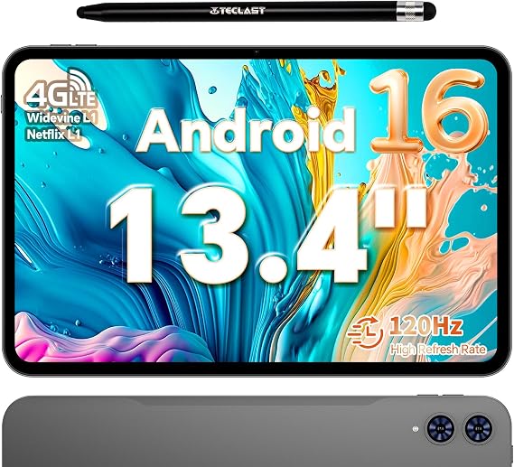 TECLAST T65 Tablet 13.4 Inch Android 16, 4G LTE, 26GB+128GB with Stylus Pen