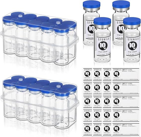 Threlaco 20 密封 10ml 無菌空バイアル 自己修復注入ポート付き ガラスペニシリンボトル プラスチックアルミニウムフリップオフキャップ付き 透明ホウケイ酸ラボサンプルバイアル ラベルステッカー20枚付き
