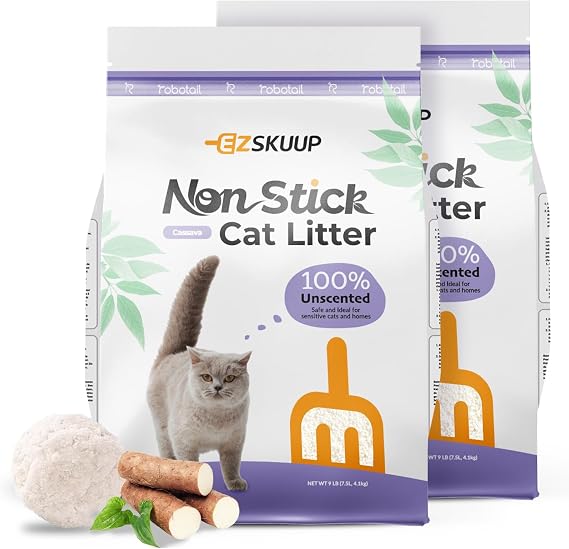 EZSKUUP Robotail くっつかない 強い 塊 キャッサバ 猫砂 無香 ほこりのない キティ砂 すくいやすい 健康トラッキング ライトカラー Robotail 自動トイレ用 18ポンド
