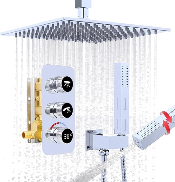Rainfall Shower System, 10 Inch Rain Shower Head with 2 in 1 Handheld, Ceiling Mounted Shower Faucet Set, Chrome