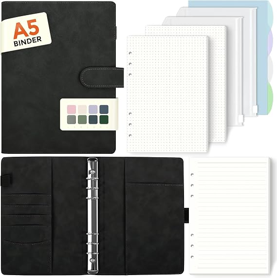 SKYDYE A5 6 Ring Binder - 135 Sheet Refill Paper, A5 Ring Binder Notebook with Pockets and Dividers for School Notes and Travel Diaries (Black)