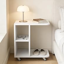 C-Shape End Table Side Table Living Room End Desk Unit w/ 2 Shelves 4 Wheels White 40x28x48cm Home Office Furniture (White)