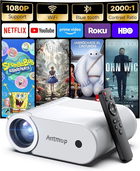 Mini Projector With WiFi 6 and Bluetooth 5.4, 400 ANSI Projectors 1080P, Home Cinema 4K Support Outdoor, 200” Display Screen, Compatible with Smartphone/HDMI/USB/TV Stick