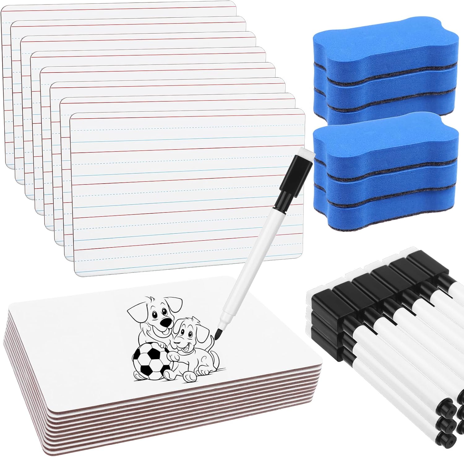 18 Pack Double Sided Dry Erase Boards 6 x 9 inch Double Sided White Boards with 18 Black Markers 6 Erasers Small White Dry Erase Boards for Learners Teacher Group Activities (Lined Dry Erase Board)