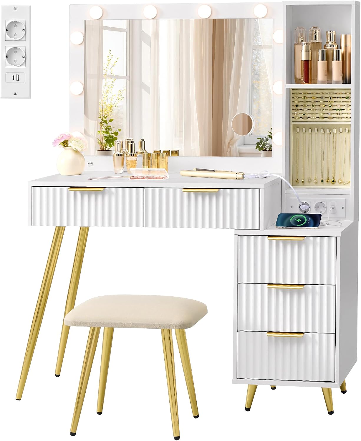 VASAGLE RVT020WB01 Dressing Table with Mirror and Stool, Makeup Table with Drawers, 10x Magnifier, LED Lighting, Jewelry Tray, Multiple Plug, 40 x 110 x 135 cm, Cloud White