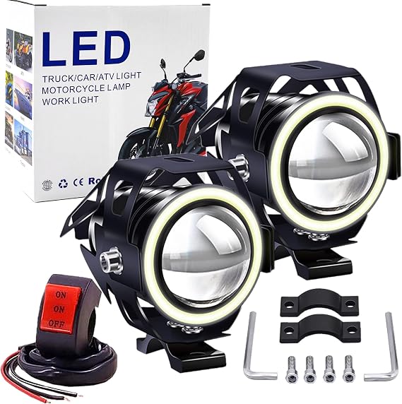 Motorcycle LED Fog Lights 12-80V Motorcycle LED Fog Lights Auxiliary DRL Angel Eyes Lights (Include Switch) 2Pcs (White)