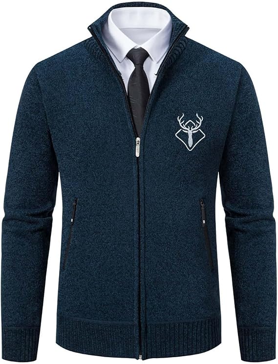 Zeiayuas Mens Cardigans Knitted Woolen Jumper Jackets Winter Thickened Knit Sweater Zip Up Sweaters Casual Plain Stand Up Collar Cardigan Jacket Open Front Coats Pullover