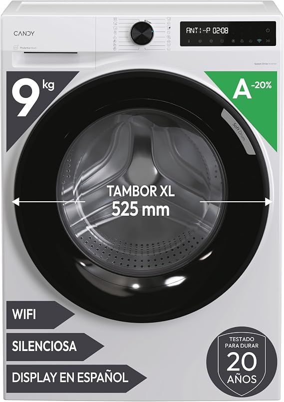Candy ProWash 500 BR 49SBL8-S, Washing Machine 9 kg, 1400 RPM, Digital Display, WIFI Connectivity, 16 Cycles, Inverter Motor, Delayed Start 24H, Child Lock, Drum 52.5 cm, 72 DB, White [Energy Class A]