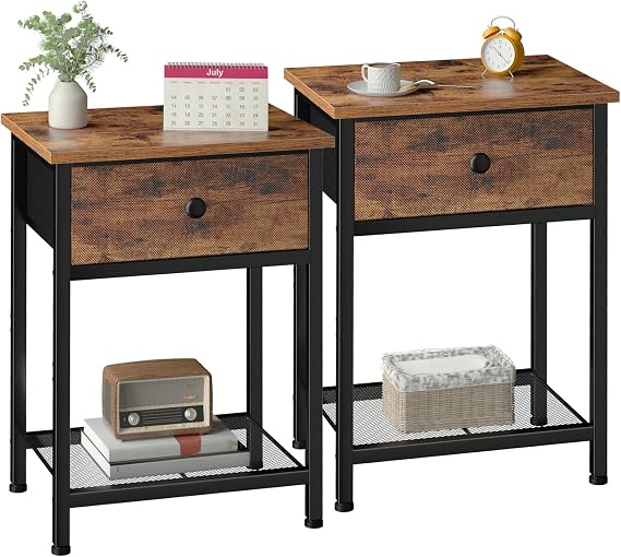 AMHANCIBLE Bedside Tables Set of 2, Side Tables with Fabric Drawers