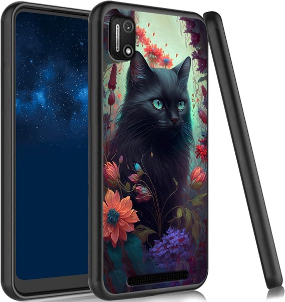 Silicone Case for Cloud Mobile Stratus C7, Soft TPU Phone Case for Mobile Stratus C7, Ultra-Thin Lightweight Anti-Scratch Cover for Cloud Mobile Stratus C7, Black Cat Flower