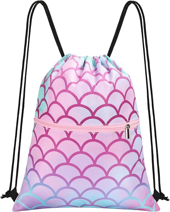 Drawstring Bags for Kids, Waterproof Gym PE Bag with Zippered Pocket, String Backpack for Beach Swimming Pool School