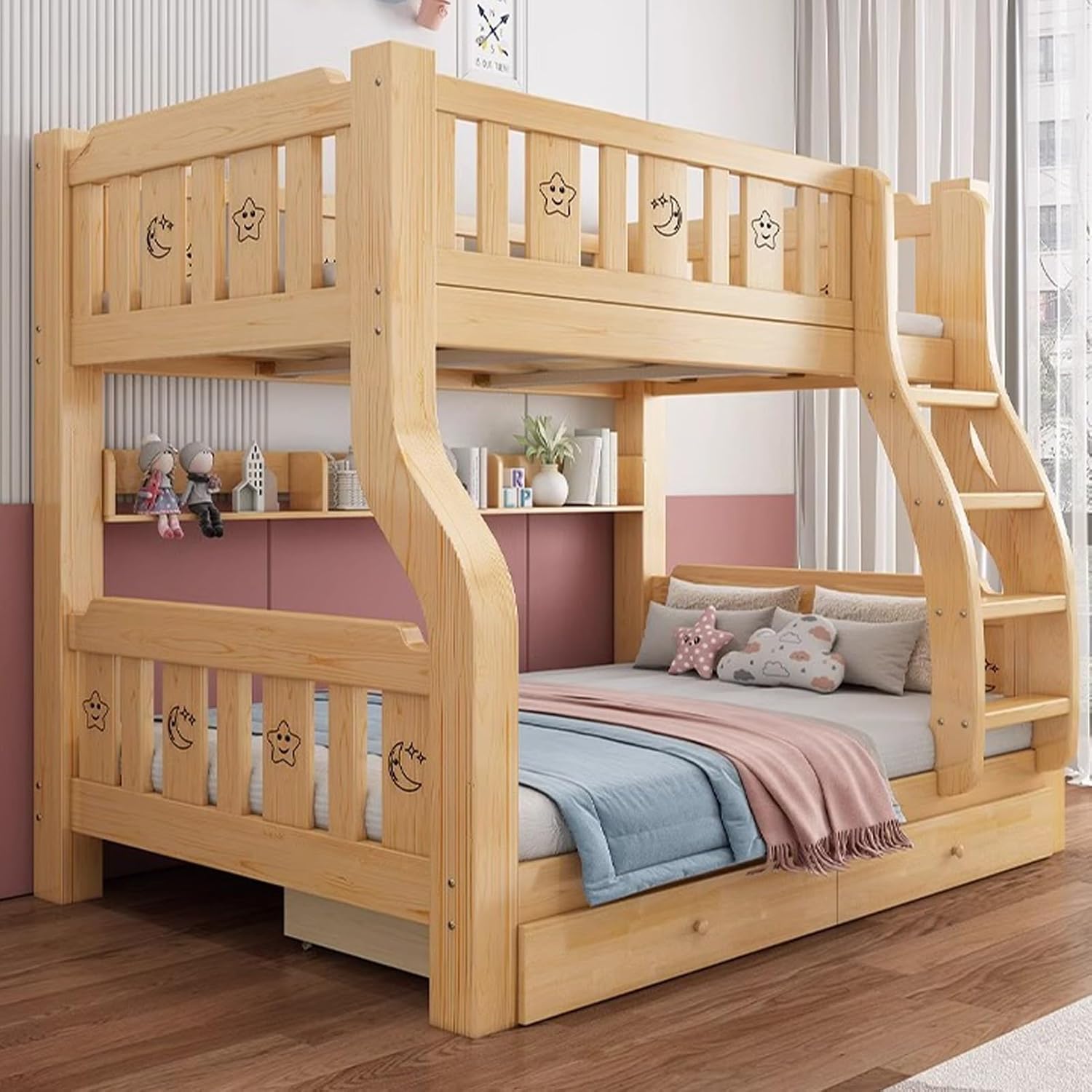 Loft Bed, Double Bunk Bed, For Adults, Children, Anti-Shaking System Bed, All Solid Wood, Includes Stairs, 2 Storage Drawers, Heavy Duty Bed, 2 Mattress, Top and Bottom Floor, Load Capacity: 881.4 lbs 400 kg, Upper Tier, 681.4 lbs 300 kg, Easy Assembly, For Schools and Bedrooms 200 x 150 x 150 x 170 cm