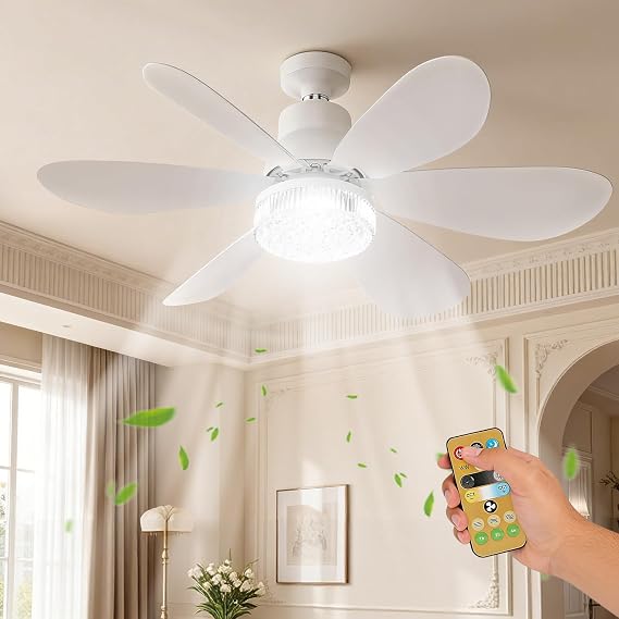 Ceiling Fans with Lights and Remote, E27 20.5" Ceiling Fan Light with Crystal Lampshades, 40W 3000-6500K 3-Color 3-Speed, 1H/2H/4H Timer, Stepless Dimmable, Small Fan Lights Ceiling for Bedroom [Energy Class D]