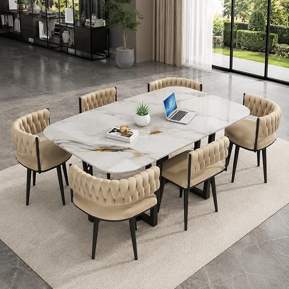 6 Seater Ceramic Effect Dining Table Set with 6 Upholstered Velvet Dining Chairs | Modern White Dining Room Furniture | Luxury Kitchen Table Set for Home & Dining Room