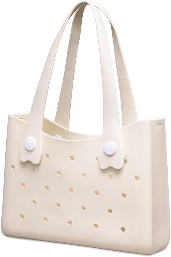 Larcenciel Rubber Beach Tote Bag, Waterproof Washable Durable Beach Bag with Holes, Stylish Large Open Travel Tote Bag, Lightweight Sandproof EVA Handbag for Outdoor, Holiday, Sports,Pool, 35x25x10CM
