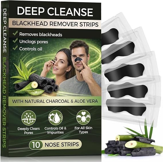 Blackhead Remover Strips, 10 PCS Charcoal Pore Strips, Nose Strips Blackhead Remover, Blackhead Strips for Deep Cleansing, Keep Skin Clear and Tighten Pores, for All Skin Types, Individually Wrapped
