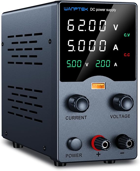 DC Power Variable 62V 5A, Bench Power Supply with Encoder Adjustment Knob, USB Fast Charging Port with Output Current Display, 4 Digit LED Display